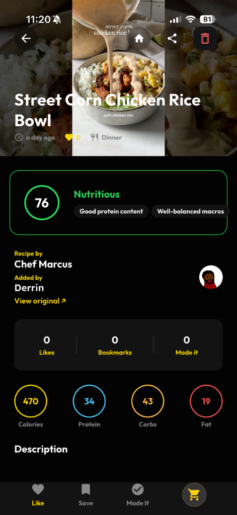 Recipe Details screen with macro rings and a nutrition score.