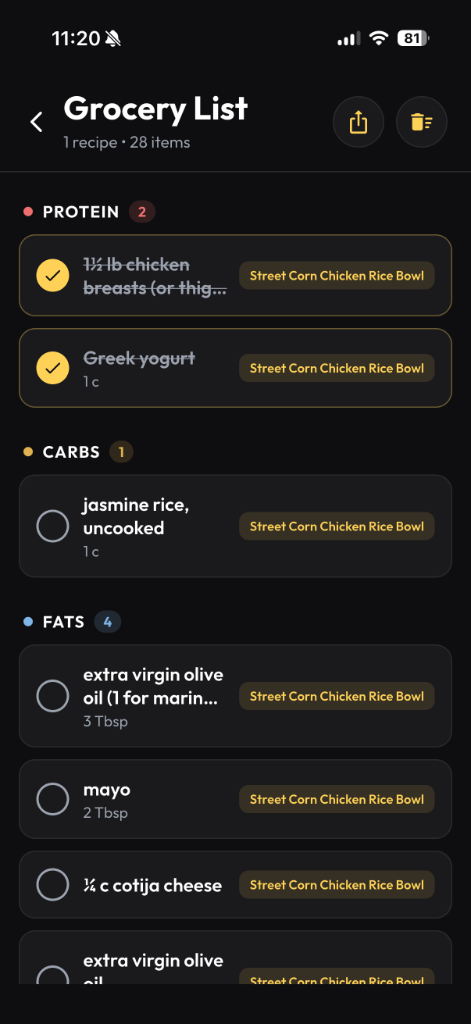 Grocery List screen with items grouped by macronutrient.