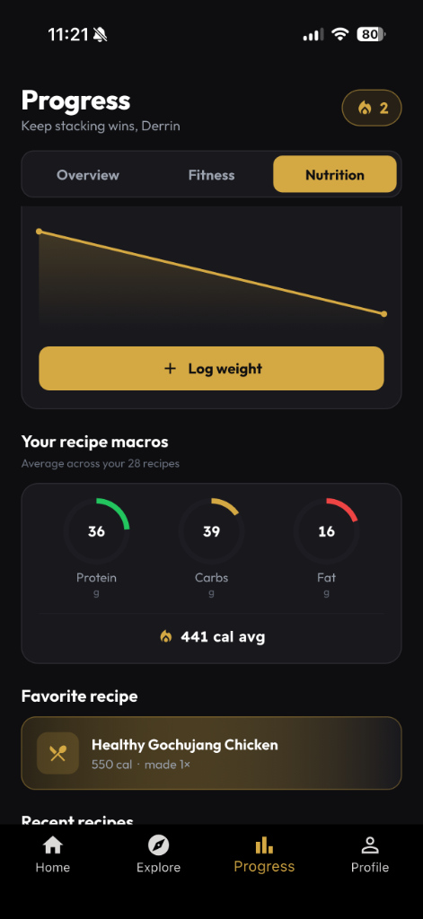 Nutrition Progress screen with macro averages and weight logging.