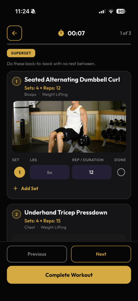 Active Workout screen with set logging and a rest timer.