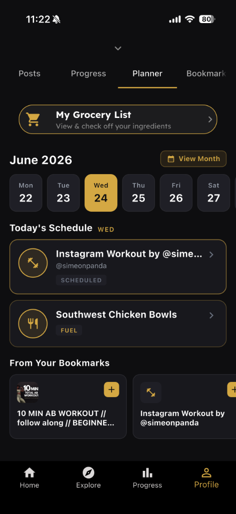 Weekly Planner screen with workouts and meals scheduled across the week.