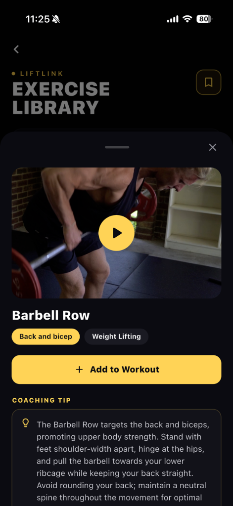 Exercise Library screen with video guidance and form cues.